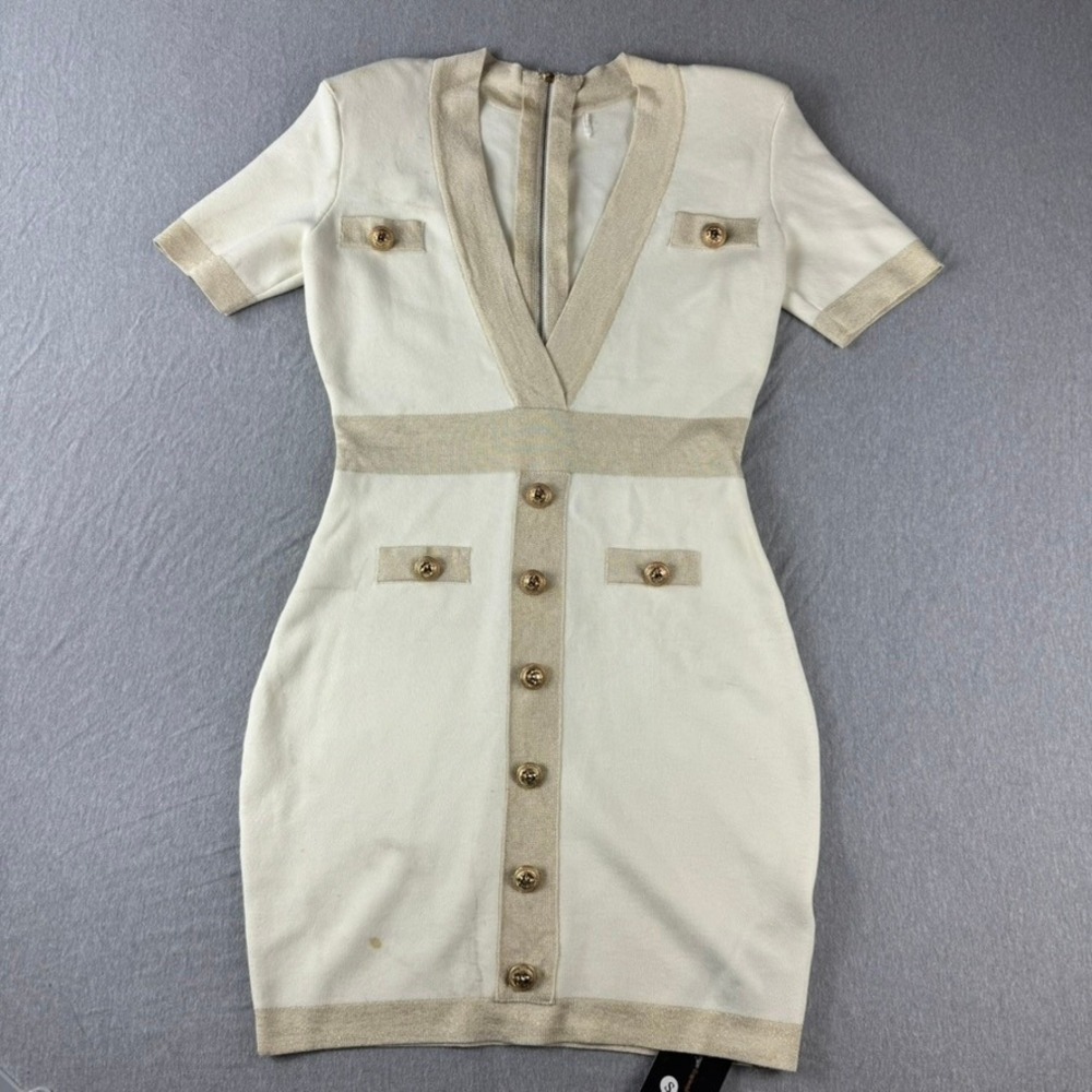 Bandage Mini Dress Women S White Gold Good Lion Button V-Neck Short Slv - Picture 1 of 16